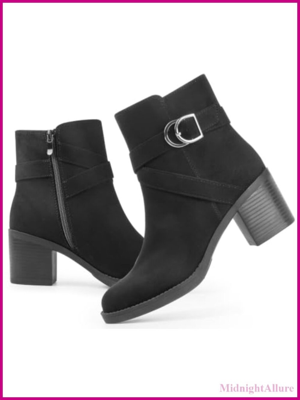 Women's Chunky Stacked Heel Ankle Boots Side Zipper Buckle Strap Booties